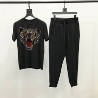 harajuku jogging breathable track suit cartoon animal shiny hot diamond black t shirt mens sets comfortable sweatshirt pants