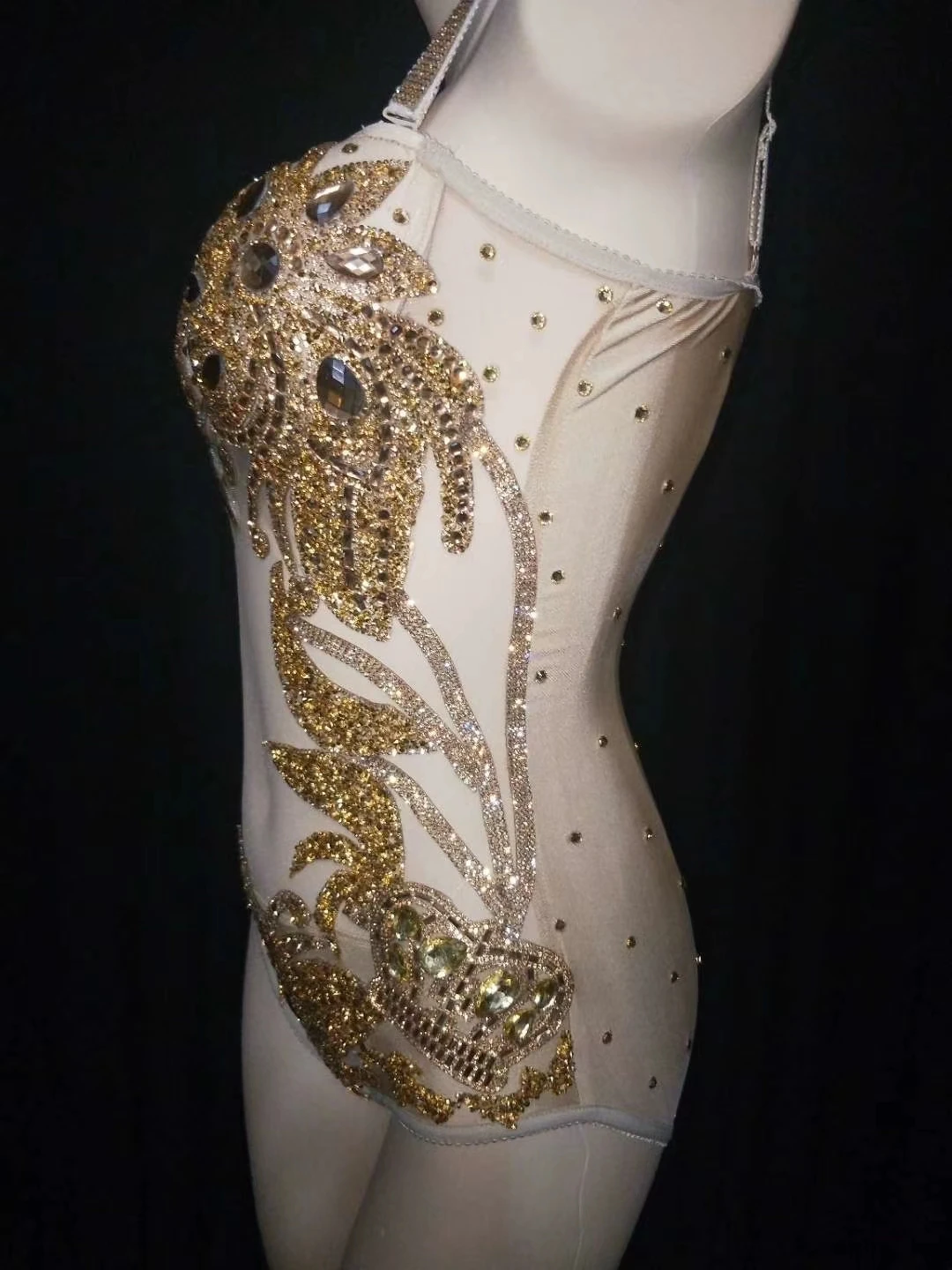 Gold Sequined Pearls Beading Mesh See Through Bodysuit for Women Sexy Spaghetti Strap V Neck Sleeveless Slim Women Stage Costume