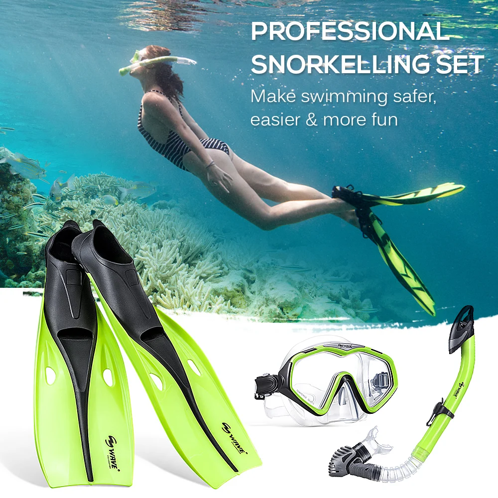 

Snorkeling Set Wide View Diving Mask Snorkeling Flippers Dry Snorkel Set Full Foot Pocket Fins Watertight and Anti-Fog Lens