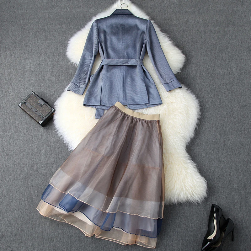 

Skirt Suits 2019 Women Autumn Winter New Lace-up Waist bow Small Blazer Jacket + Elastic Waist Organza Cake Skirt Sets Female