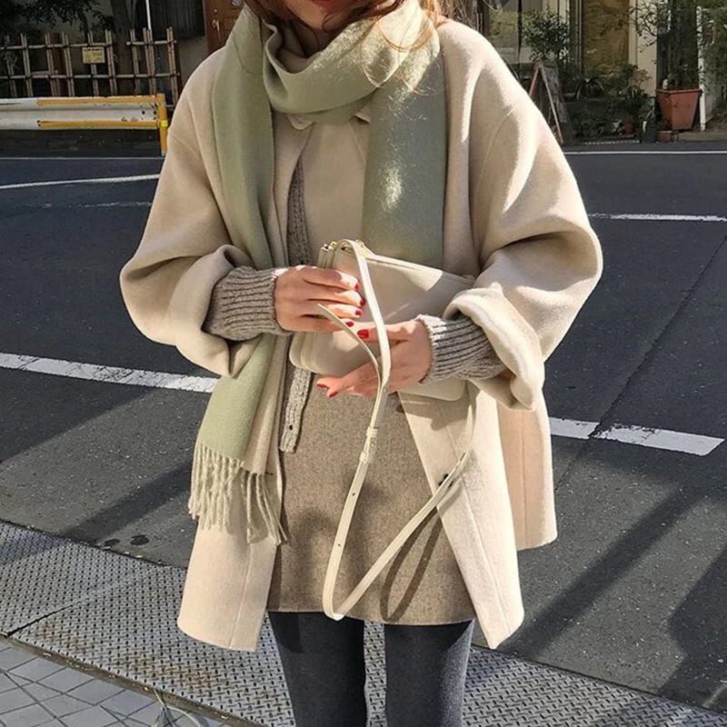 

Women's Coat Wool Long Sleeve Single Breasted Fashion Fold Over Women's Blended Leisure Loose 2021 Winter Woman Thick Coat