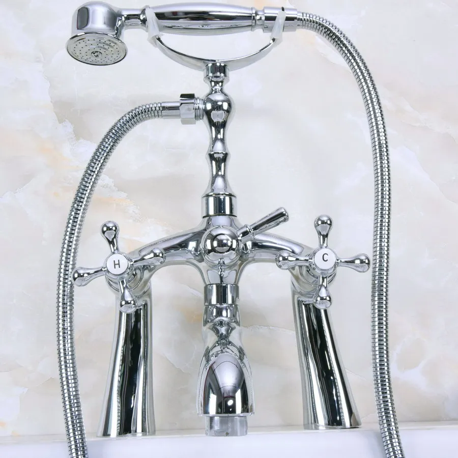 

Polished Chrome Brass Deck Mount Bathroom Tub Faucet Dual Cross Handles Telephone Style Hand Shower Clawfoot Tub Filler ana120