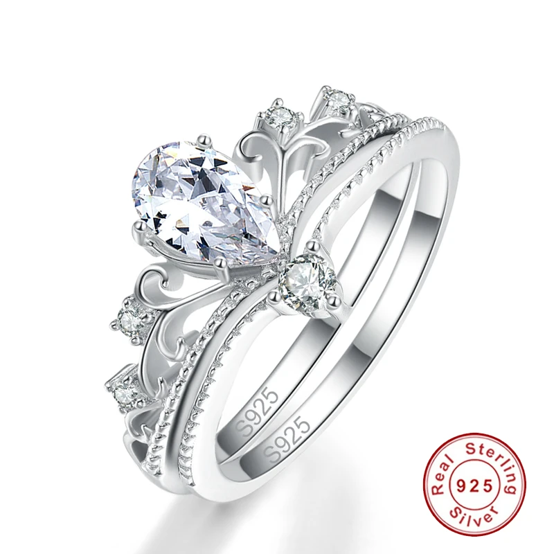 

Новинка, простой комплект из 2 предметов, кольцо в виде короны с прозрачными кристаллами, 100% Стерлинговое Серебро S925 пробы, классические юве...