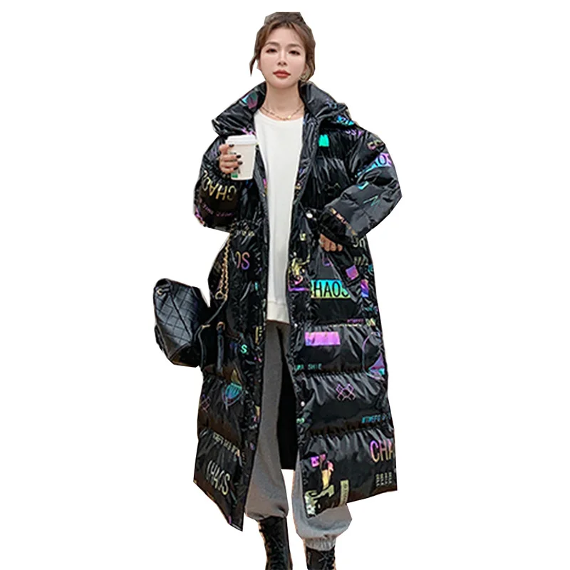 

Женское зимнее пуховое пальто, модная длинная стеганая куртка выше колена с капюшоном, яркий цвет, свободная повседневная универсальная ве...