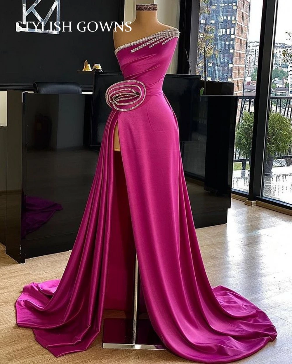 

Rose Red One Shoulder Mermaid Evening Dresses Pleats Sequined High Slit Long Sleeve Formal Prom Dress Robes De Soirée