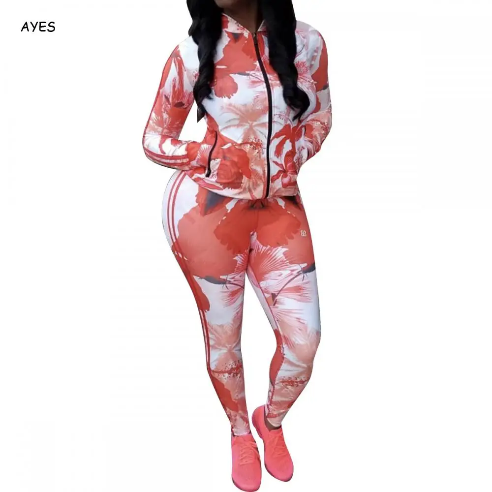 

women sportswear suits quick dry sweat suits print Tracksuit long sleeve zip up top slim leggings pants casual clothes set femme
