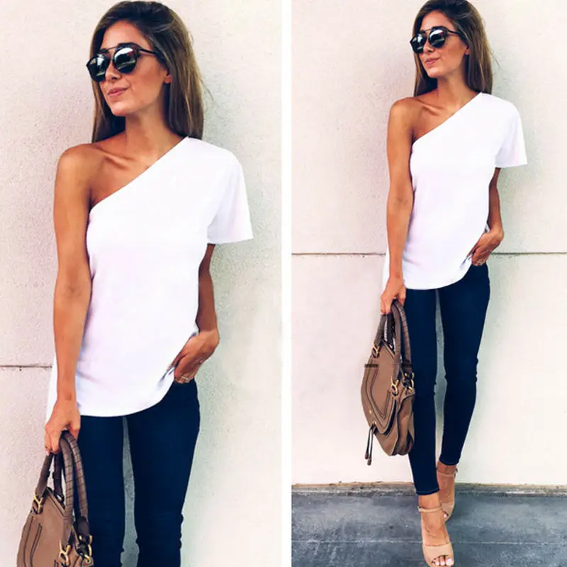 

2020 Summer New arrival Women Casual One Shoulder T-Shirts Tops Ladies Slash Neck Chiffon Tee T Shirt White Tshirt Tops