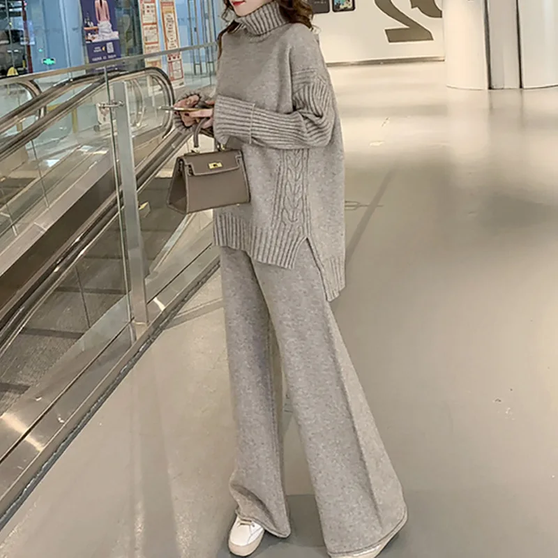 

Autumn/winter fashion Solid Pullover Turtleneck split thick sweater wide leg pants two-piece lazy wind loose knit women's suit