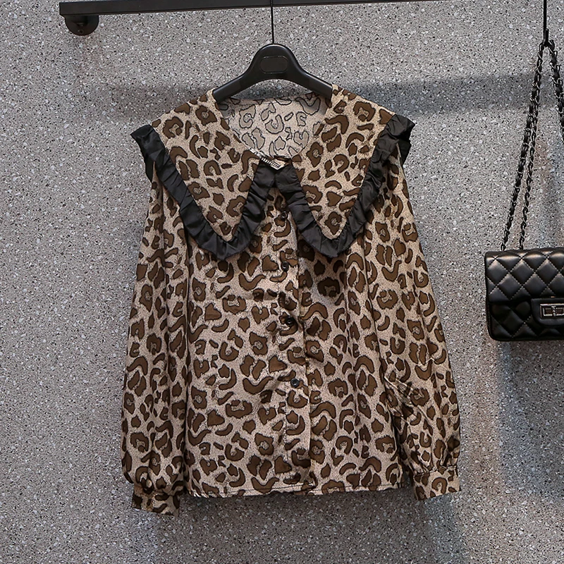 SuperAen Plus Size Women's Clothing Autumn New Peter Pan Collar Full Leopard Printing Casual Shirts