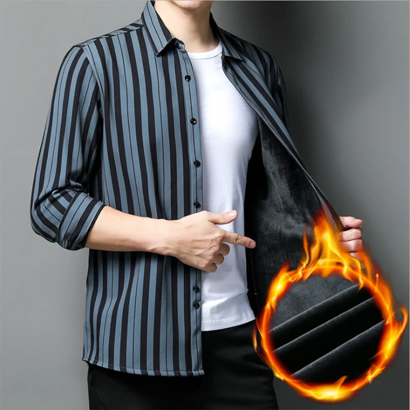 

Men Fashion Striped Shirts Long Sleeve New Design Style Liner Velvet Warm Winter Blouse Male Travel Daily Casual Party Shirt