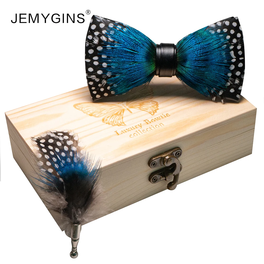 

JEMYGINS 2020 Brand fashion Men bow tie blue feather handmade bow brooch gift box set wedding performance gift