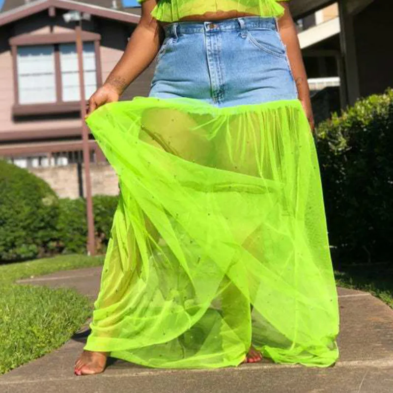 Сексуальные джинсовые тонкие фатиновые Лоскутные юбки с бисером длинные высокой