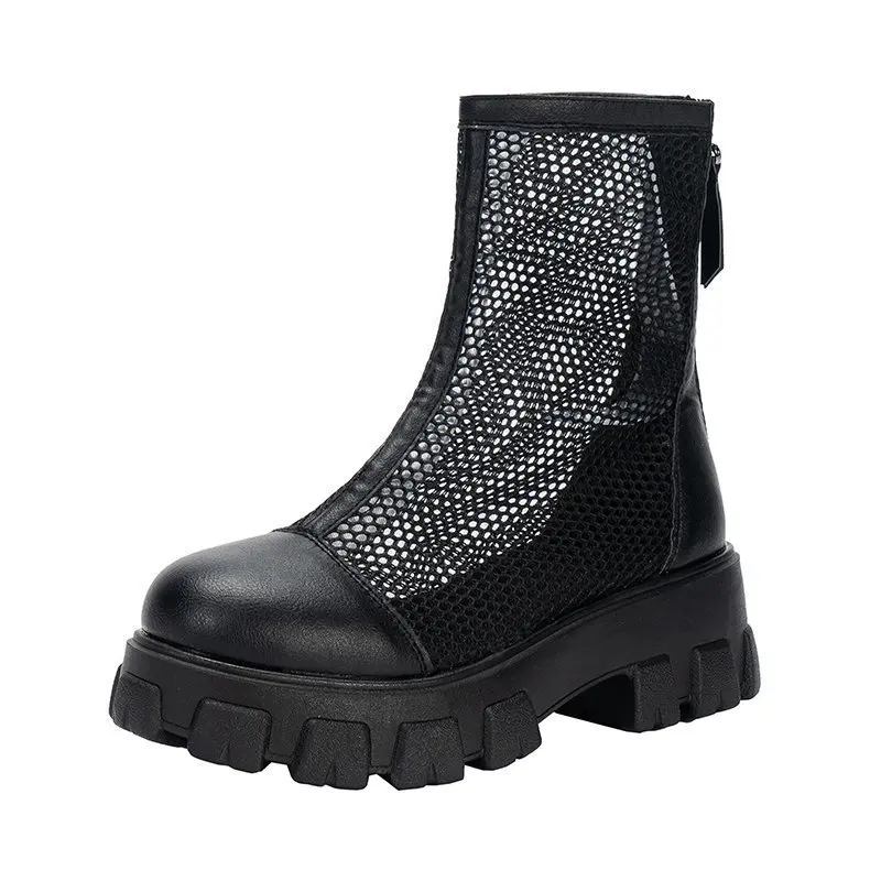 

Summer Breathable Platform Boots Lace-up 6cm Thick Sole Women Back Zipper Height Increasing Boots