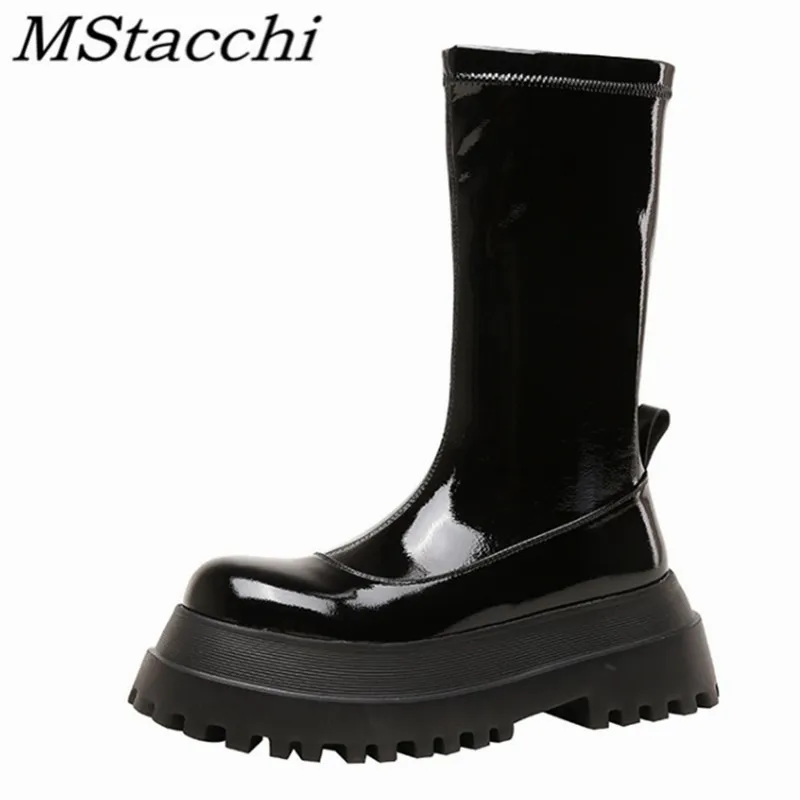

MStacchi Women's Sock Boots Solid Color Black Winter Autumn Zipper Retro Round Toe Patent Leather High Quality Botas Mujer 2021