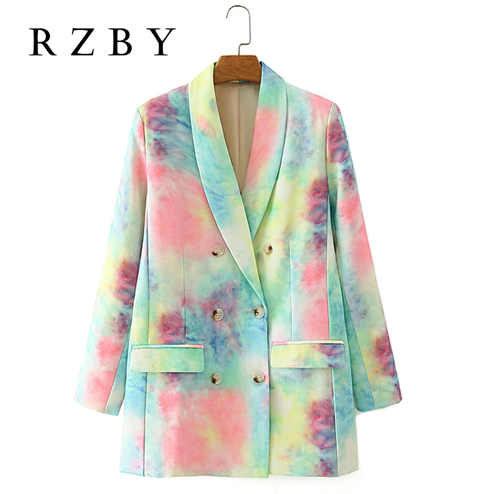 

RZBY Autumn 2020 New Office Ladies Fashion Colorful Cardigan Chic Floral Double Breasted Long Sleeve Suit Jacket Coat Blazer