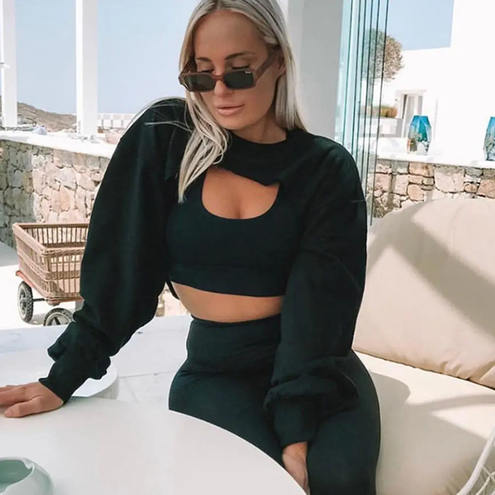 Женский короткий свитшот с длинным рукавом однотонный Повседневный модный