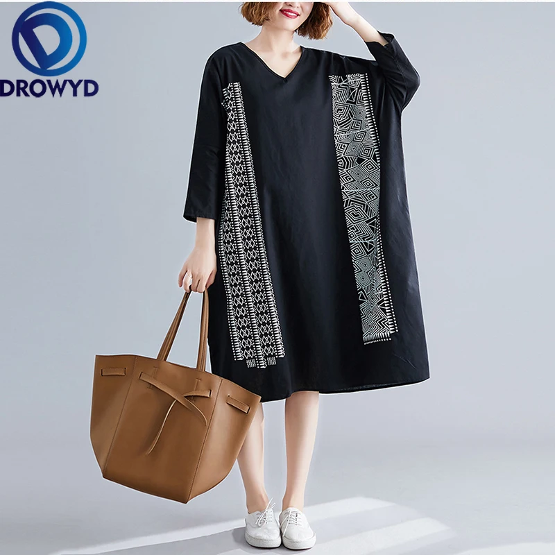 

Plus Size Print Maxi Dress Women Boho Black Long Sleeve V-neck Loose Dress Casual Elegant National Holiday Party Dress Vestidos