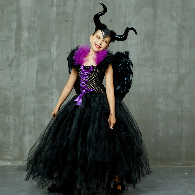 Maleficent/платье-пачка «злая королева» для девочек с роговыми крыльями; костюм ведьмы для косплея; детское праздничное рождественское платье