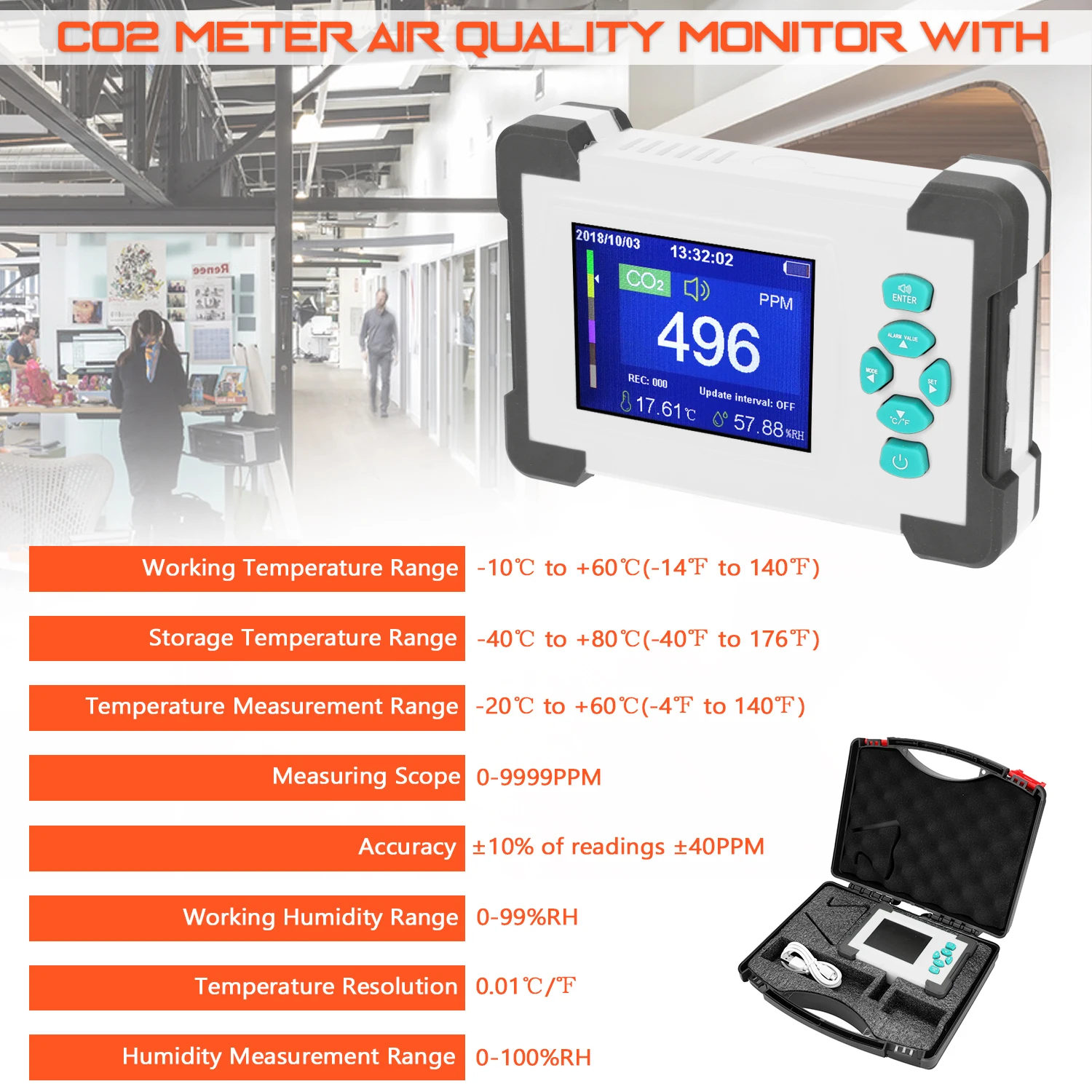 

Portable Carbon Dioxide Detector Useful CO2 Meter Humidity Temperature Tester Switchable Air Quality Monitor Gas Test Sensor