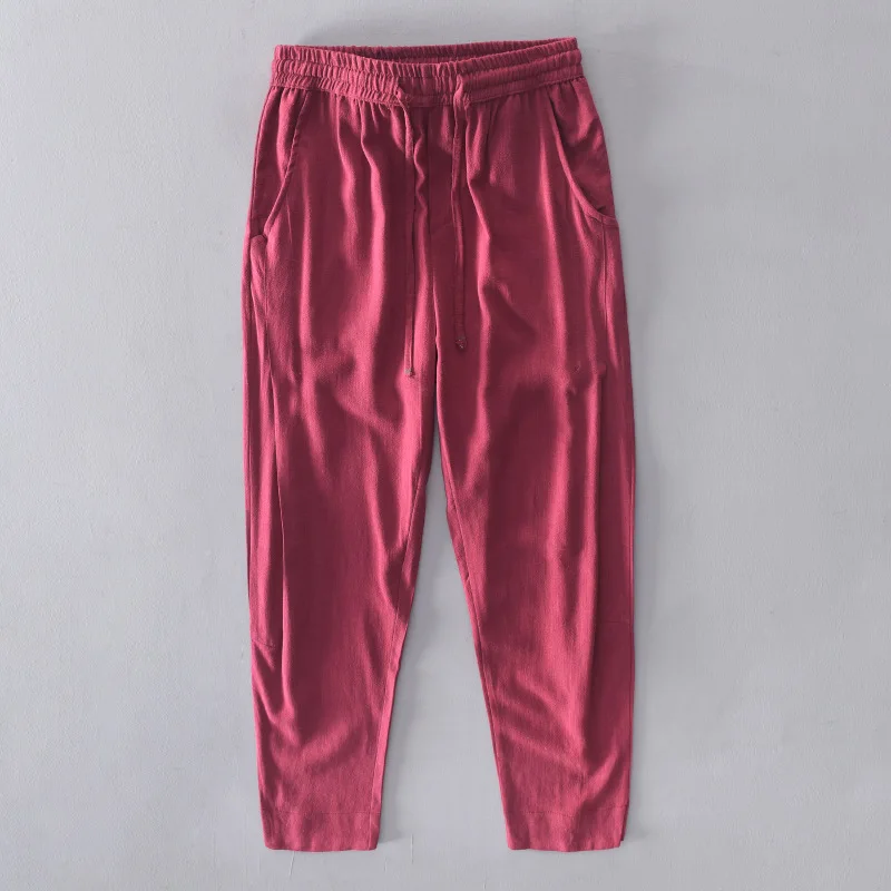 

casual 2021 men's long pants elestic waist summer straight pants men linen viscose trousers male black khaki blue