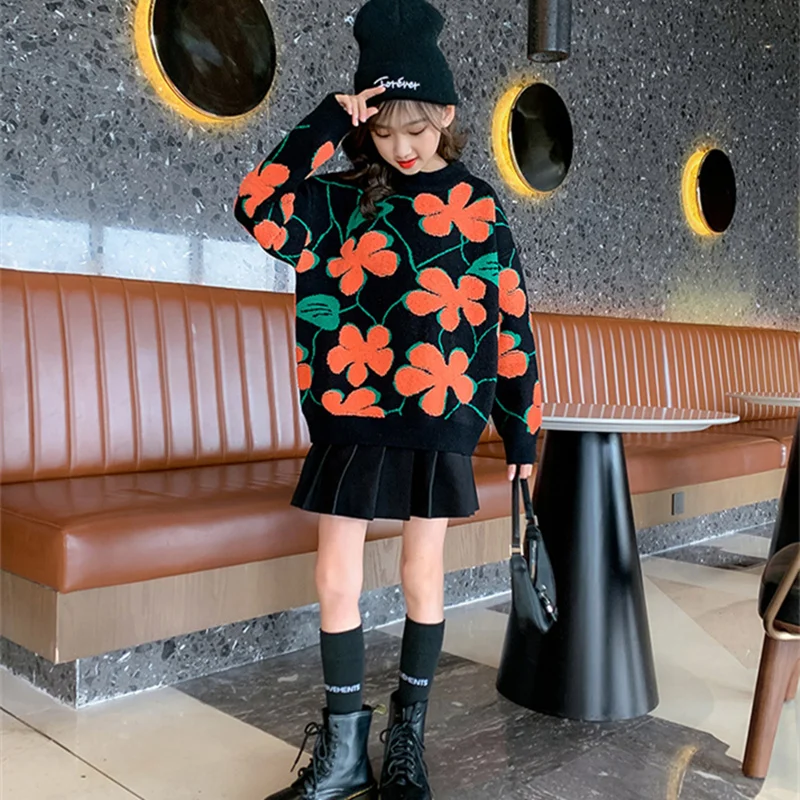 

Girls Boys Sweater Kids Coat Outwear 2022 Flowers Plus Velvet Thicken Warm Spring Autumn Knitting Wool Cotton Vetement Enfant Ch