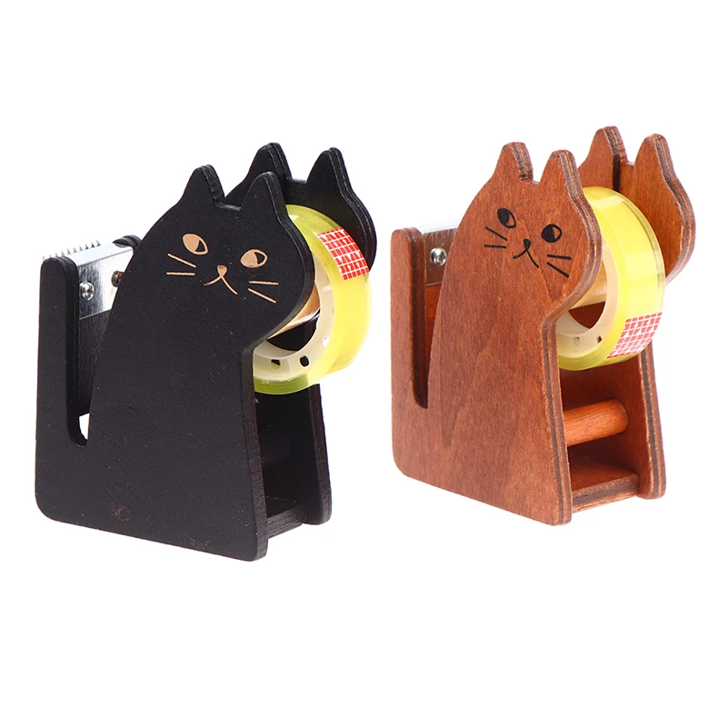 Vintage Wooden Tape Dispenser Cute Cartoon Cat Roller Tape Cutter Sealing Washi Tape Holder Manual Packing Tool Office Accessory