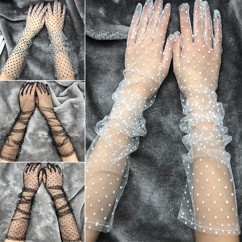 

Fashion Dot Lace Long Gloves Female Elegant Stretch Tulle Mesh Semi Sheer Women Full Finger Mittens Bride Wedding Black Golves