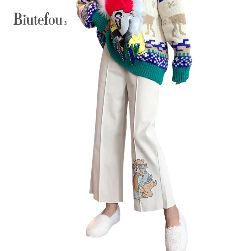 Женские широкие брюки с мультяшным рисунком Свободные шерстяные зима 2020|Брюки| |