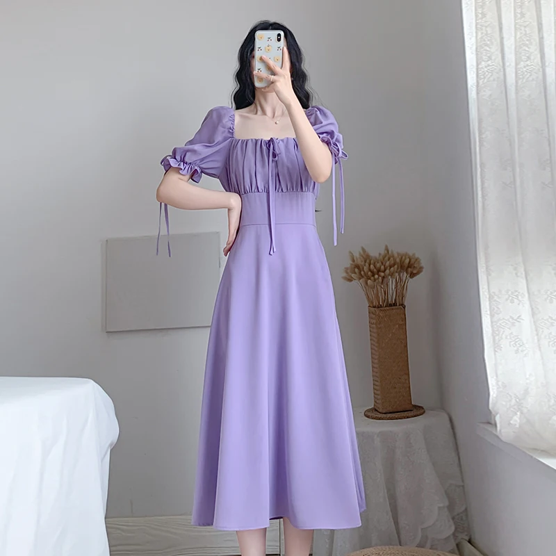 

COIGARSAM Women dress Puff Sleeve Square Collar Dresses Purple 6865