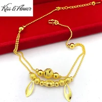qeenkiss ak01 2021 fine jewelry wholesale fashion woman girl birthday wedding gift leaf flower 24kt gold chain pendant anklet