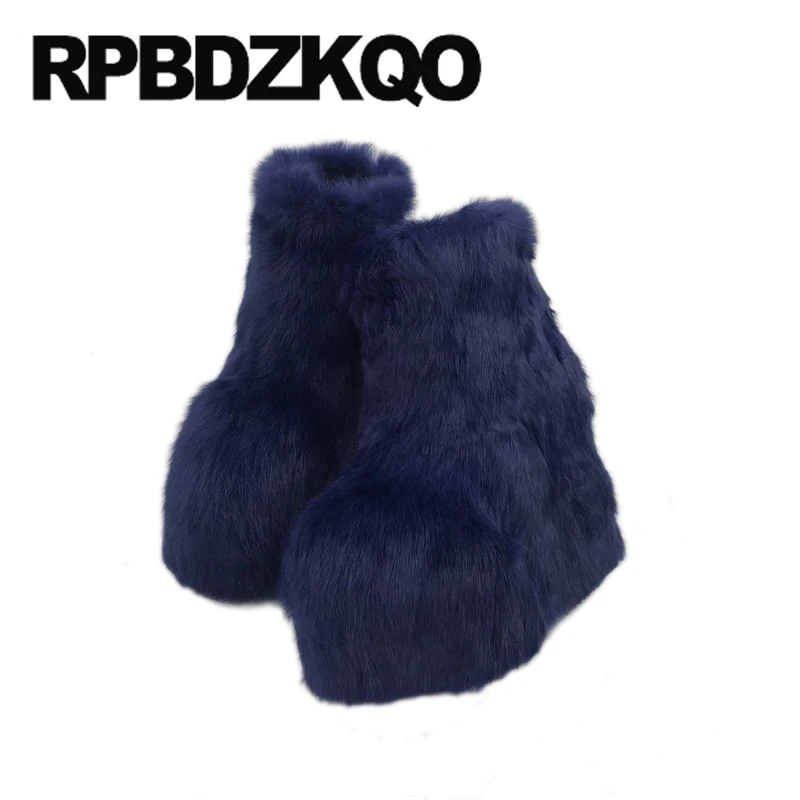 Red Extreme Real Fur Navy Blue Booties 9 Furry Exotic Dancer Fetish Shoes Handmade High Heel White Platform Boots Wedge Sexy | Обувь