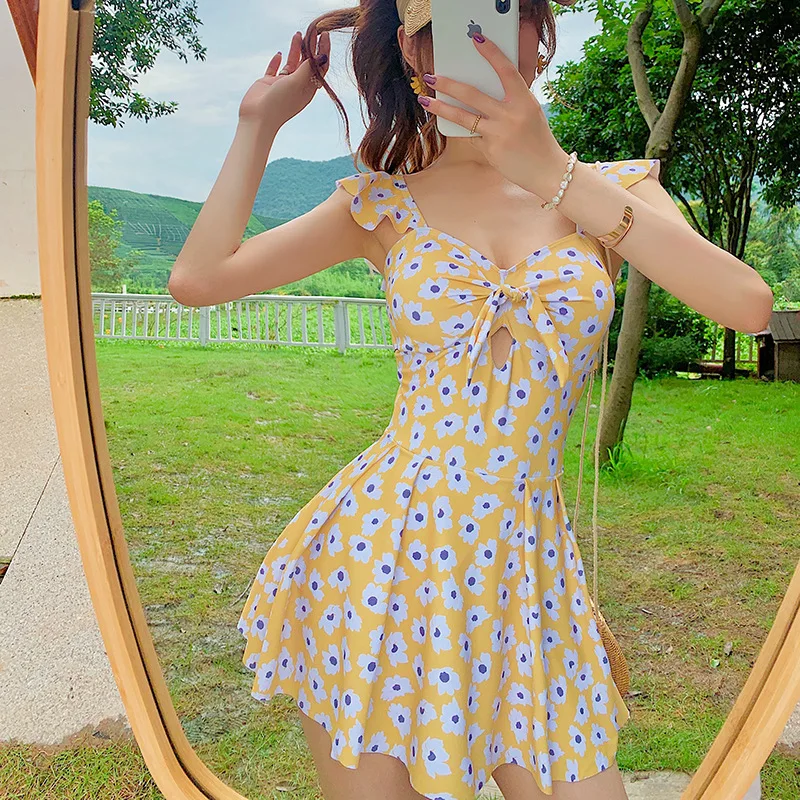 2020 Одна деталь плавательный костюм для Для женщин желтое платье с цветочным