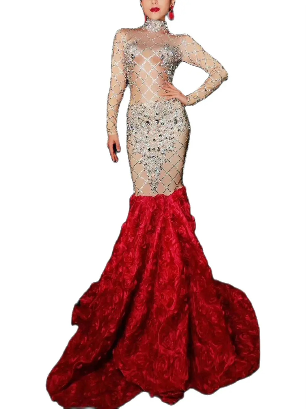 

Mesh Rose Feather Rhinestone Evening Dress Lady Wine Red Catwalk Show Mullet Trumpet Long Dress Prom Birthday Party Formal Dress