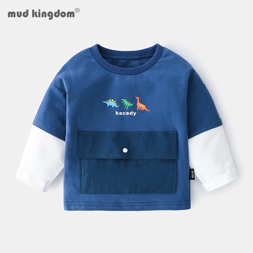 

Mudkingdom Boys Sweatshirts Fashion Patchwork Long Sleeve Kids Clothing Autumn Cartoon Dinosaur Big Pocket Casual Boys Clothes