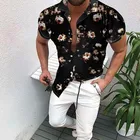 Рубашка мужская с отложным воротником, повседневная однобортная приталенная Гавайская блуза с цветочным принтом и короткими рукавами, уличная одежда, лето 2021