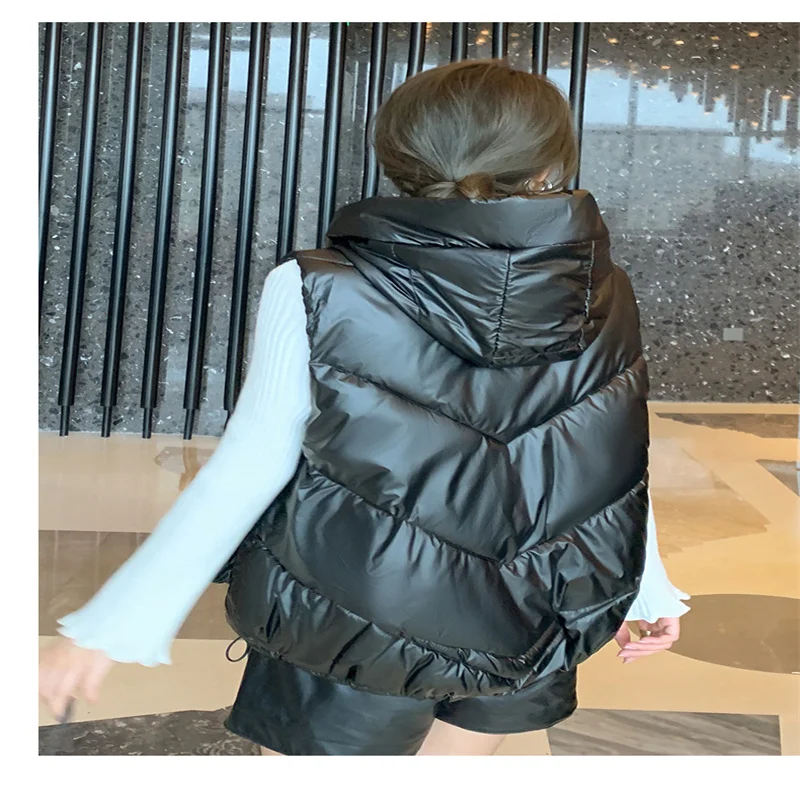 

Down Cotton Vest Women 2021 Autumn And Winter Big Pocket Short Solid Color Waistcoat Hooded Casual Jacket T18