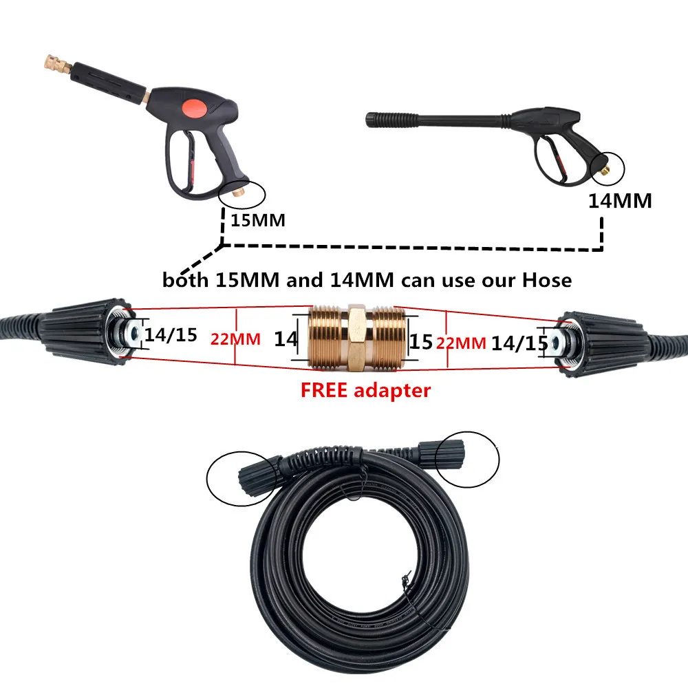 LaLeyenda 5M/7M/10M/15M M22 Male 14mm/15mm diameter Pressure Hose + 5pcs G1/4&quot Quick Release Spray Nozzles Car Washer Pipe Gun |