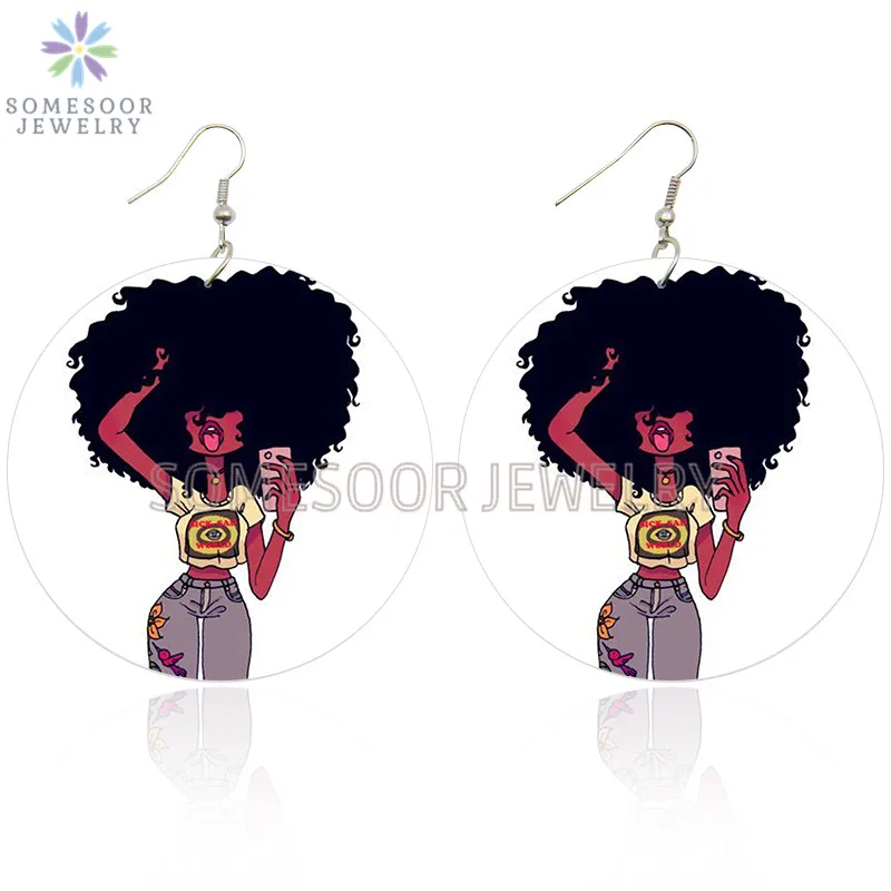 

SOMESOOR Afro Curly Beauty Wooden Drop Earrings African Natural Hair Design Printing Pendant Dangle Loops Jewelry For Women Gift