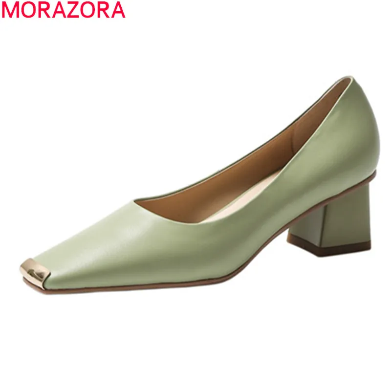 

MORAZORA/2021 новые домашние тапочки из натуральной кожи, вечерние Туфли под платье летние Неглубокий квадратный носок женские туфли-лодочки; Одн...