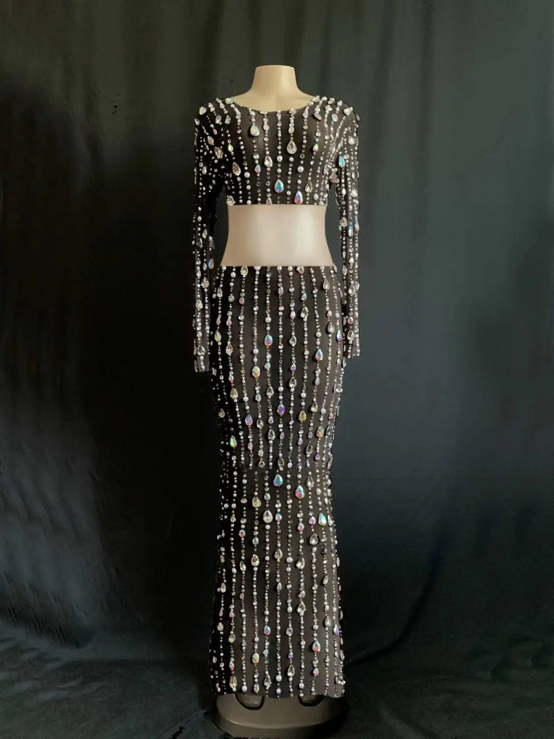 New Fashion Colorful Rhinestones Pearls Long Dress Birthday Celebrate Stretch See Through Perspective Evening Sexy Dresses | Тематическая