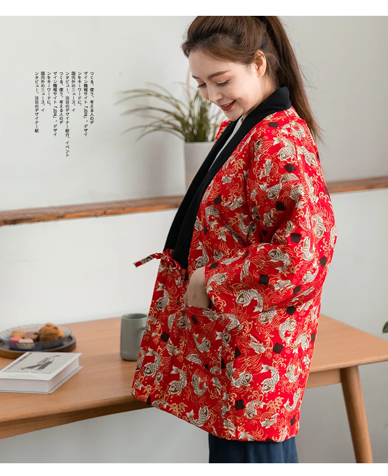 Женское кимоно с принтом в японском стиле зимнее плотное пальто хлопковой