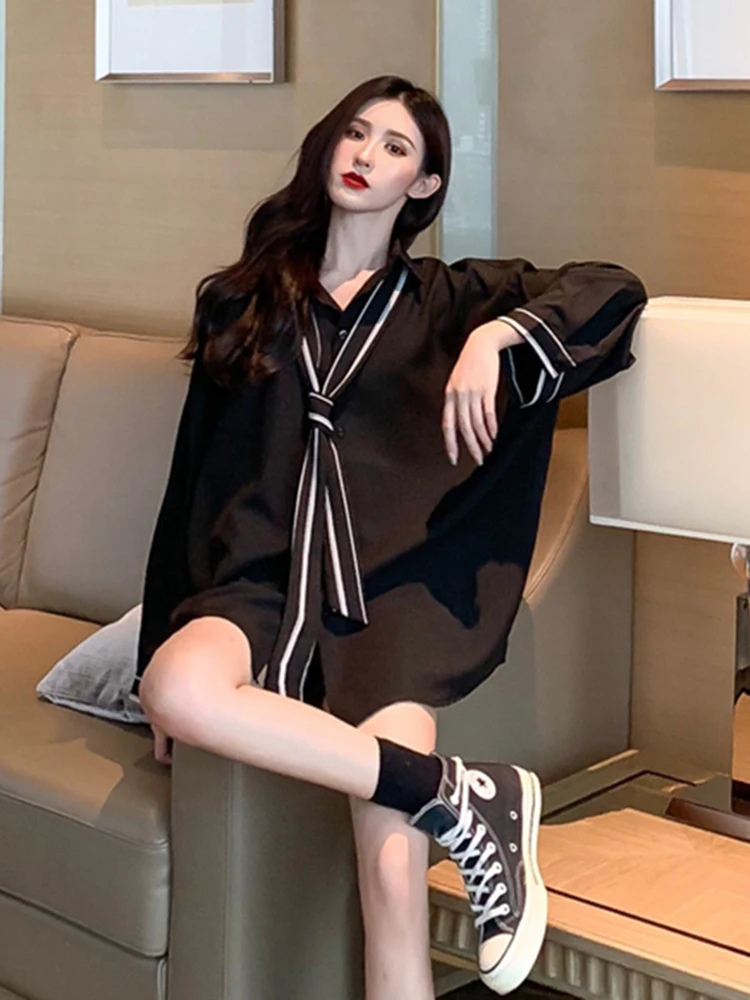 

2020 Spring Women's Hong Kong Style Shirt Appears Thin Solid Color Medium Length Women's Retro Loose Nine Sleeve Chiffon Shirt