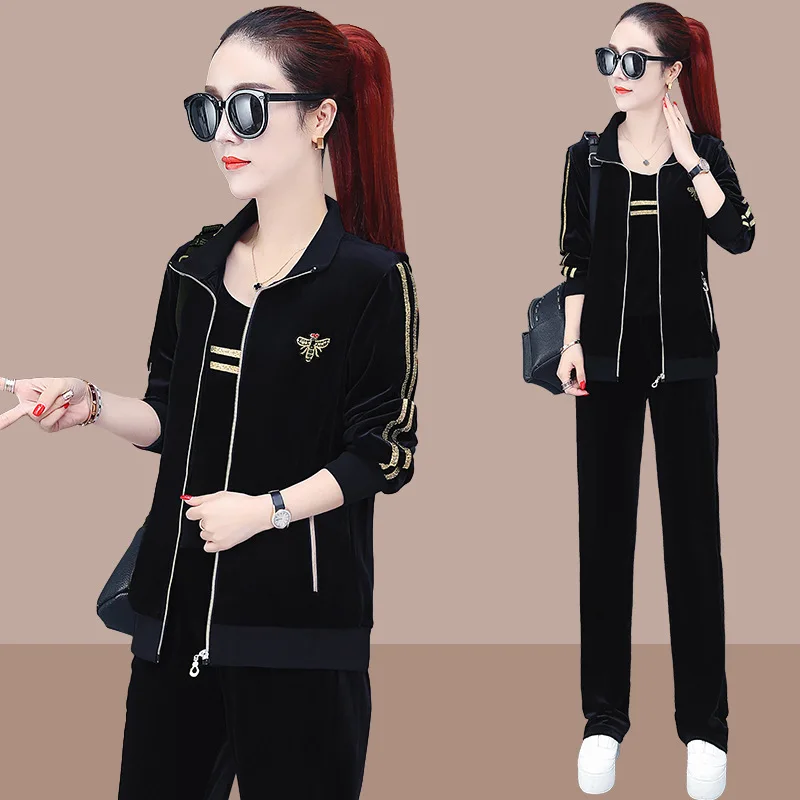 Осенний и зимний Золотой Бархатный спортивный костюм женский среднего возраста