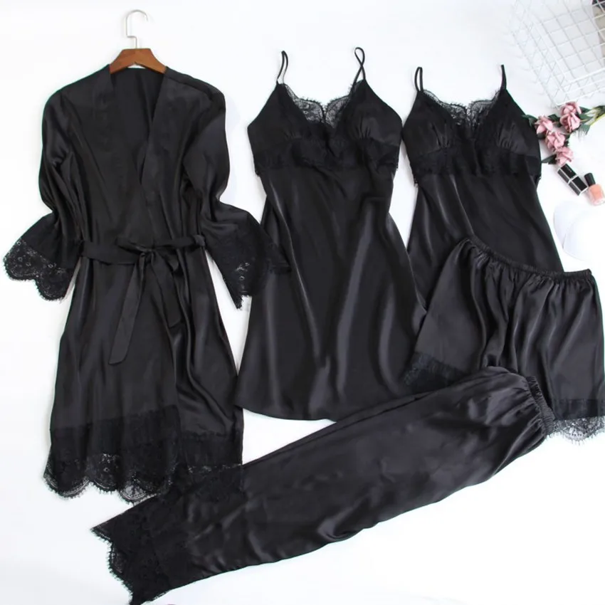 Женские пижамные комплекты из 5 предметов атласная Сексуальная кружевная Пижама