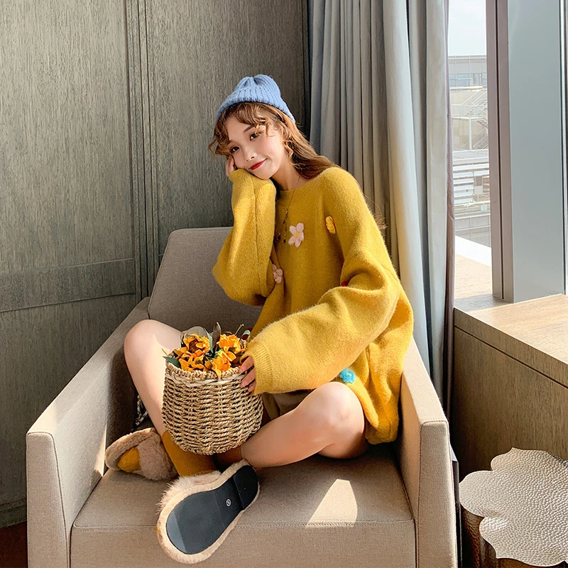 

Knitted Sweater Lazy Wind Sweater Female Embroidered Loose Warm Pullover 2020 Autumn Winter New Korean Fresh Sweet College L640