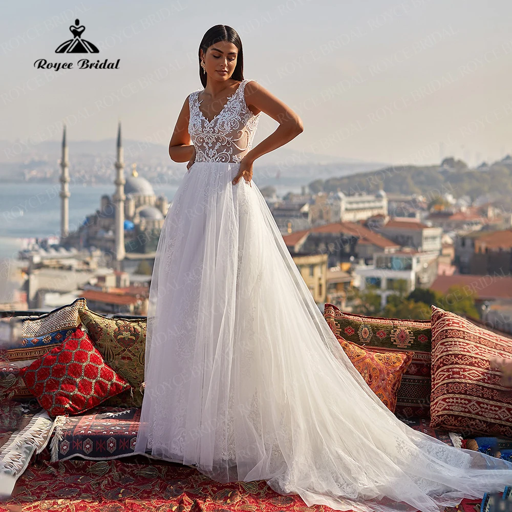 

Vintage V-Neck Lace Wedding Dresses for Women Sleeveless Appliques Beach A-Line Bridal Dress Wedding Party Bridal Gowns vestido