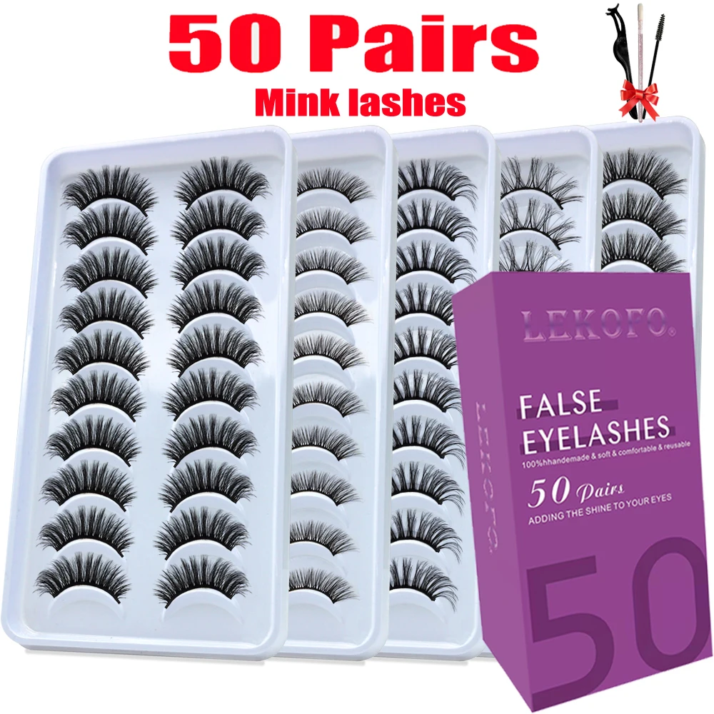

LE 50 Pairs 13-25mm 3D Mink Lashes Handmade Wispy Long Fluffy False Eyelashes Set Thin Band Eye lashes Natural Pop Big Faux Cils