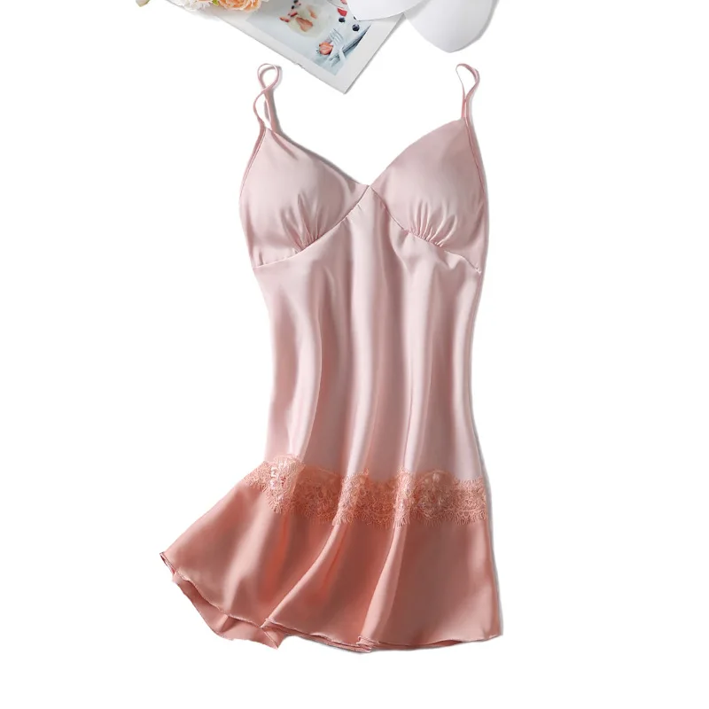 

Pink Patchwork Nightgown Women Sleep Dress Sleeveless Sleepwear Female Spaghetti Strap Nightwear Lace Nightdress Home Wear