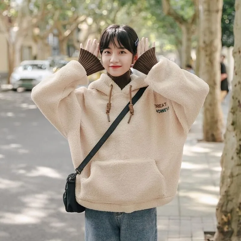 

Женская зимняя поддельная толстовка с капюшоном, универсальная шикарная уличная одежда для отдыха из искусственной шерсти, теплая Повседн...