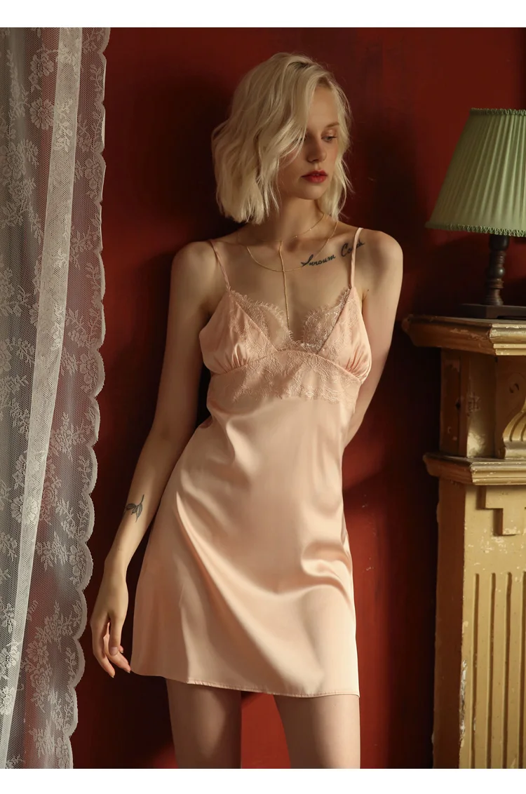 SP&CITY French Elegant Silk Satin Sexy Sleepskirt Exotic Deep V Sleepwear Women Camisole Solid Lace Floral Embroidery Nightwear